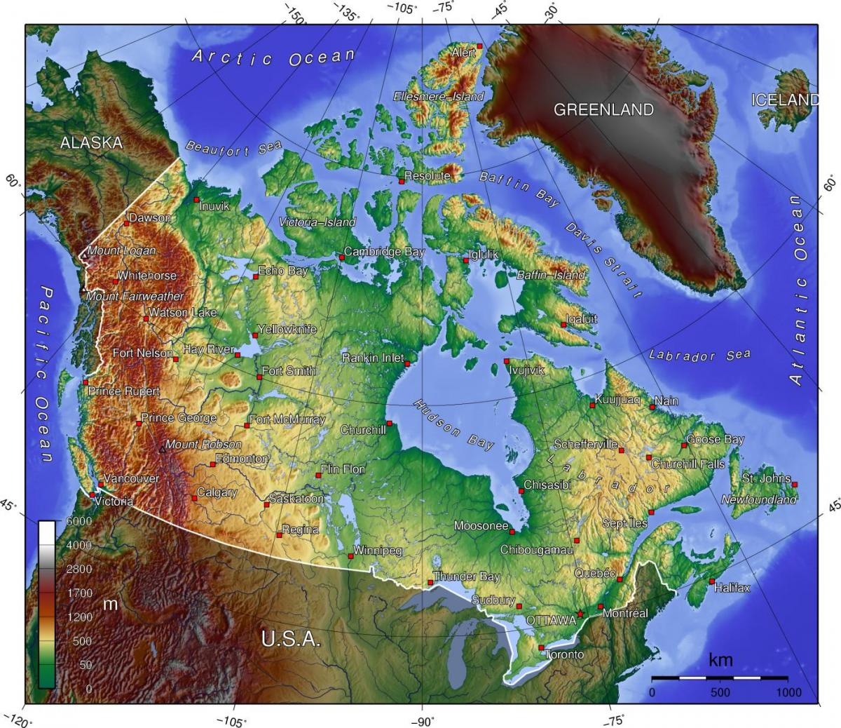 Topographical map of Canada